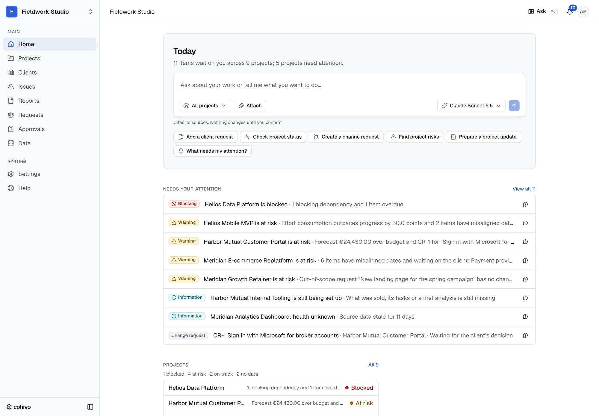 Cohivo Today screen: an assistant input and the list of items across projects that need attention, from blocked work to a change request waiting on the client