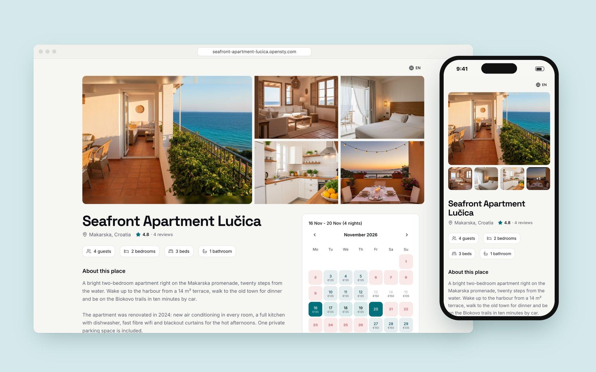 A guest booking site for Seafront Apartment Lučica on desktop and phone, with photo gallery, details and a live availability calendar