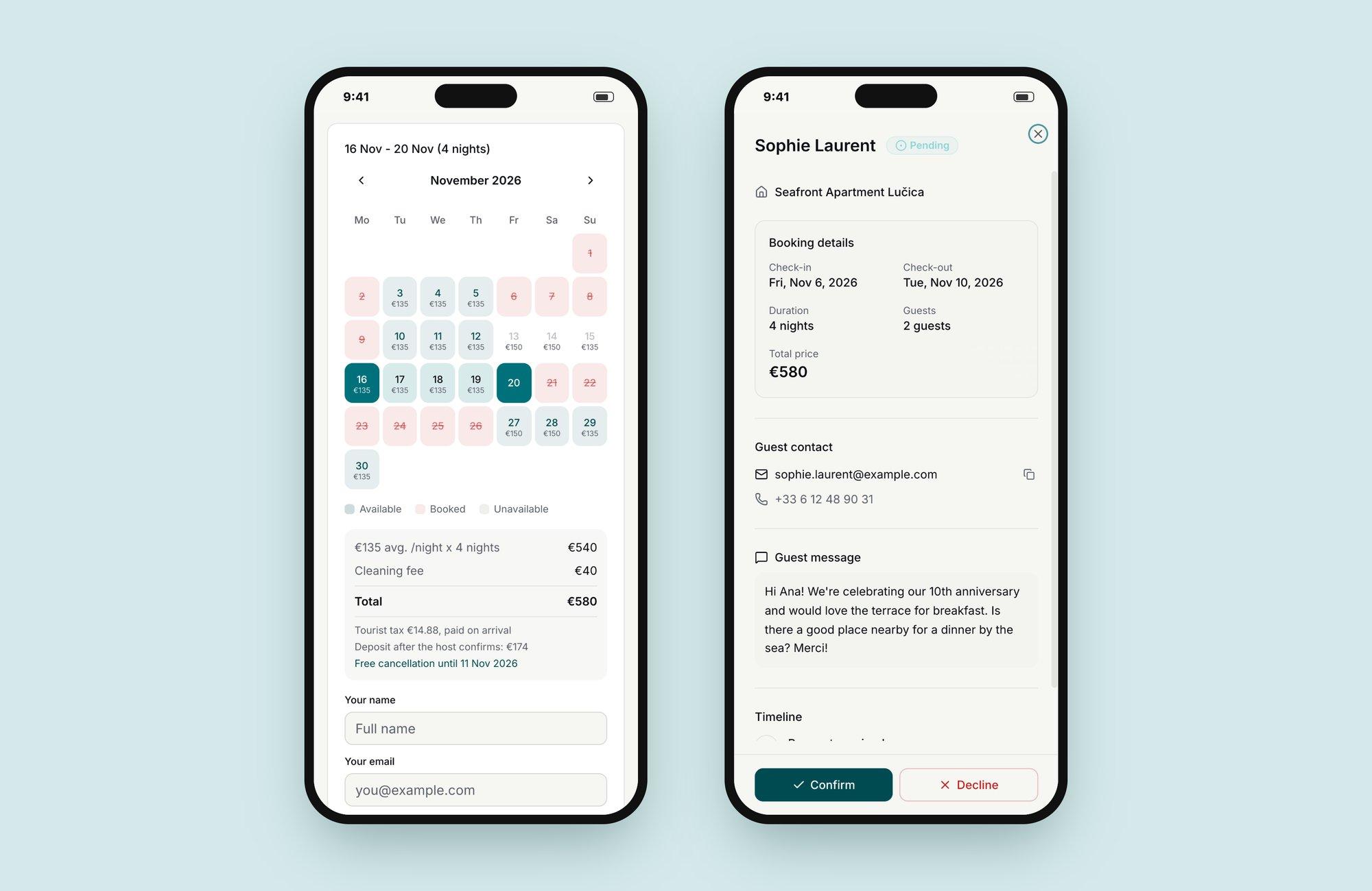 Two phones: the guest picks dates and sees a €580 quote; the host sees Sophie Laurent's request with her message and Confirm or Decline
