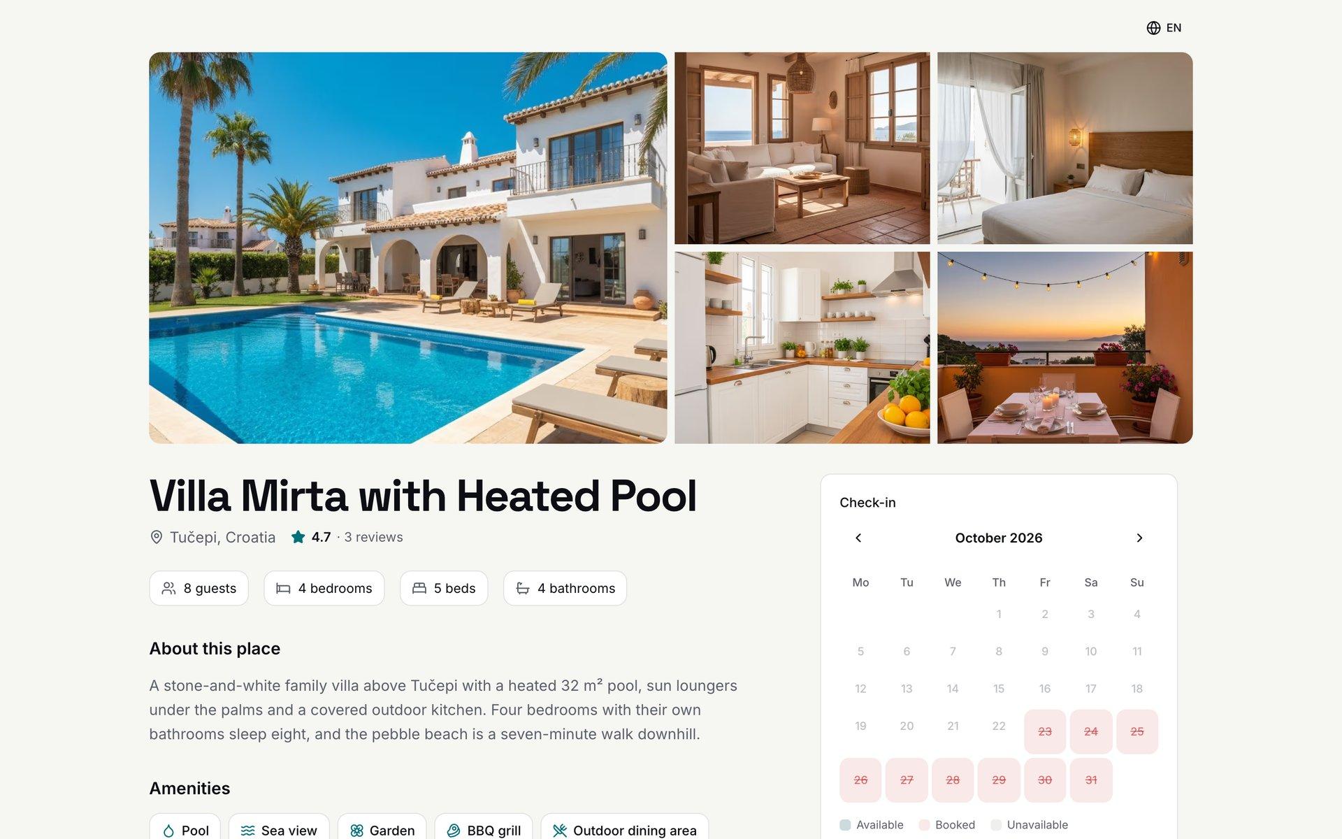 The guest-facing booking site for Villa Mirta with Heated Pool: photo gallery, property details and a live availability calendar
