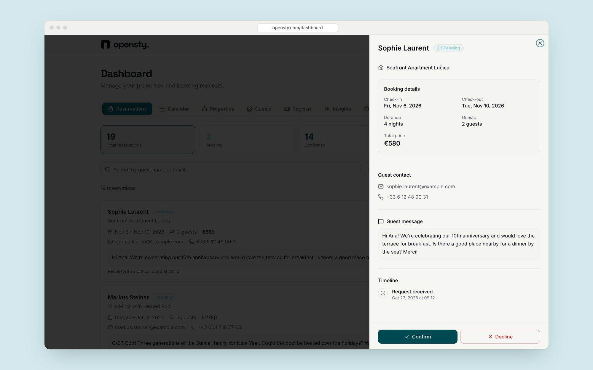 Host dashboard with a request opened in a side panel: booking details, guest contact, message, timeline, Confirm and Decline