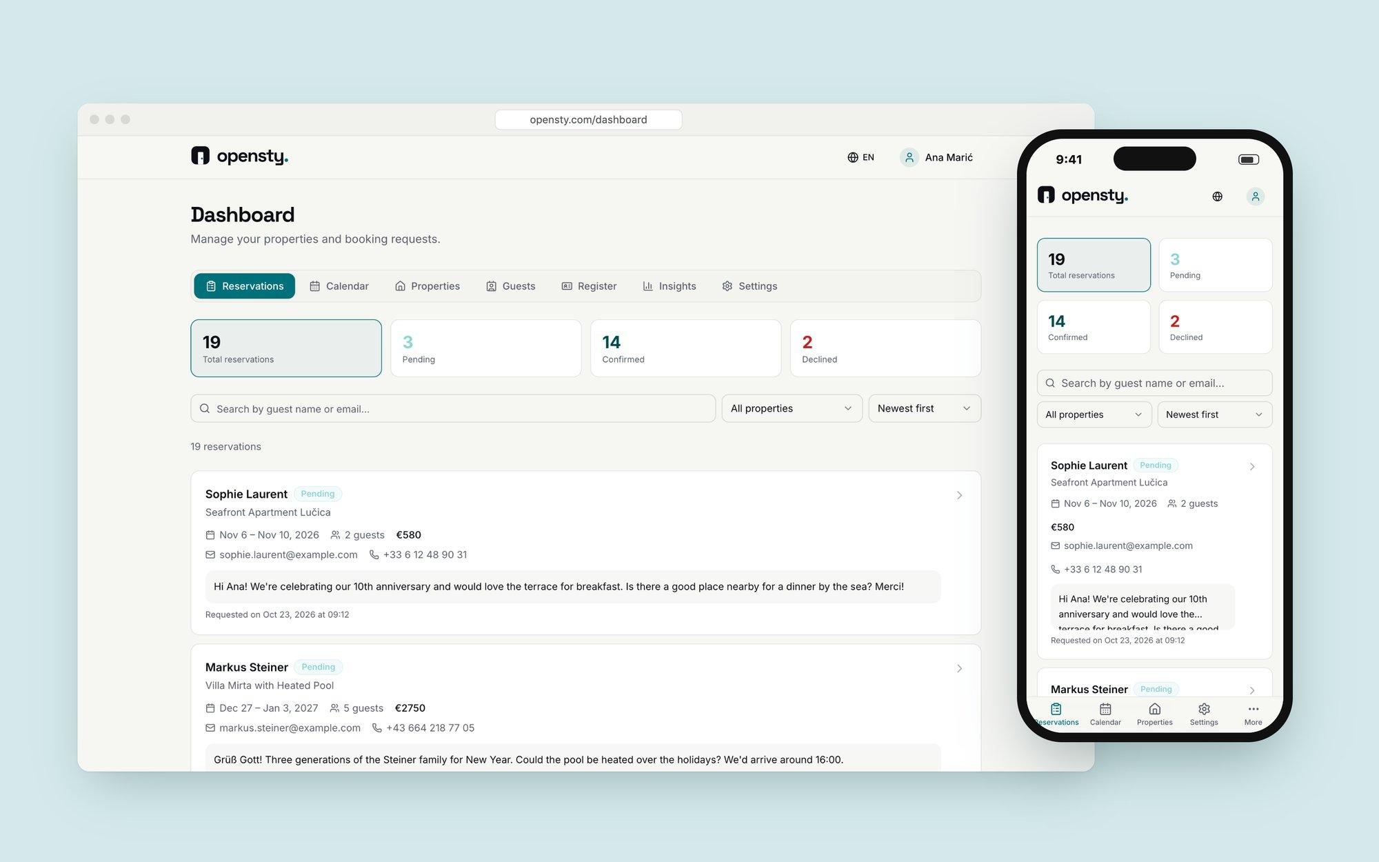 Host reservations inbox on desktop and phone: totals for confirmed, pending and declined, and a list of requests
