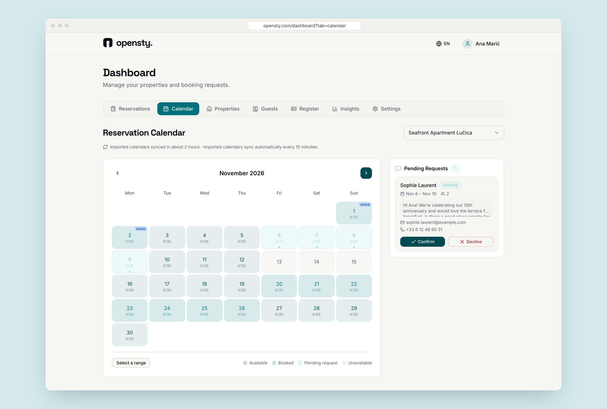 Reservation calendar for November with available, booked and pending days and a pending request beside it