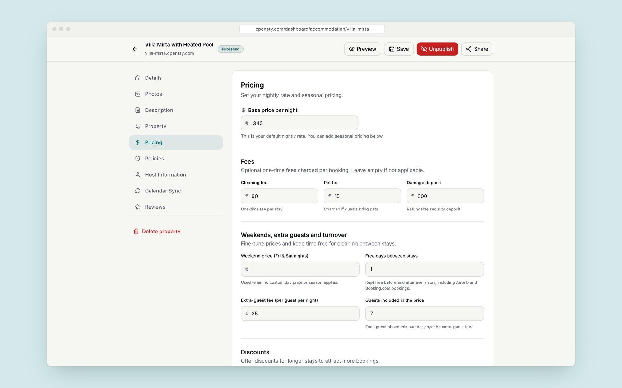 Property editor, pricing section: base price per night, cleaning fee, pet fee, damage deposit, weekend and extra guest pricing