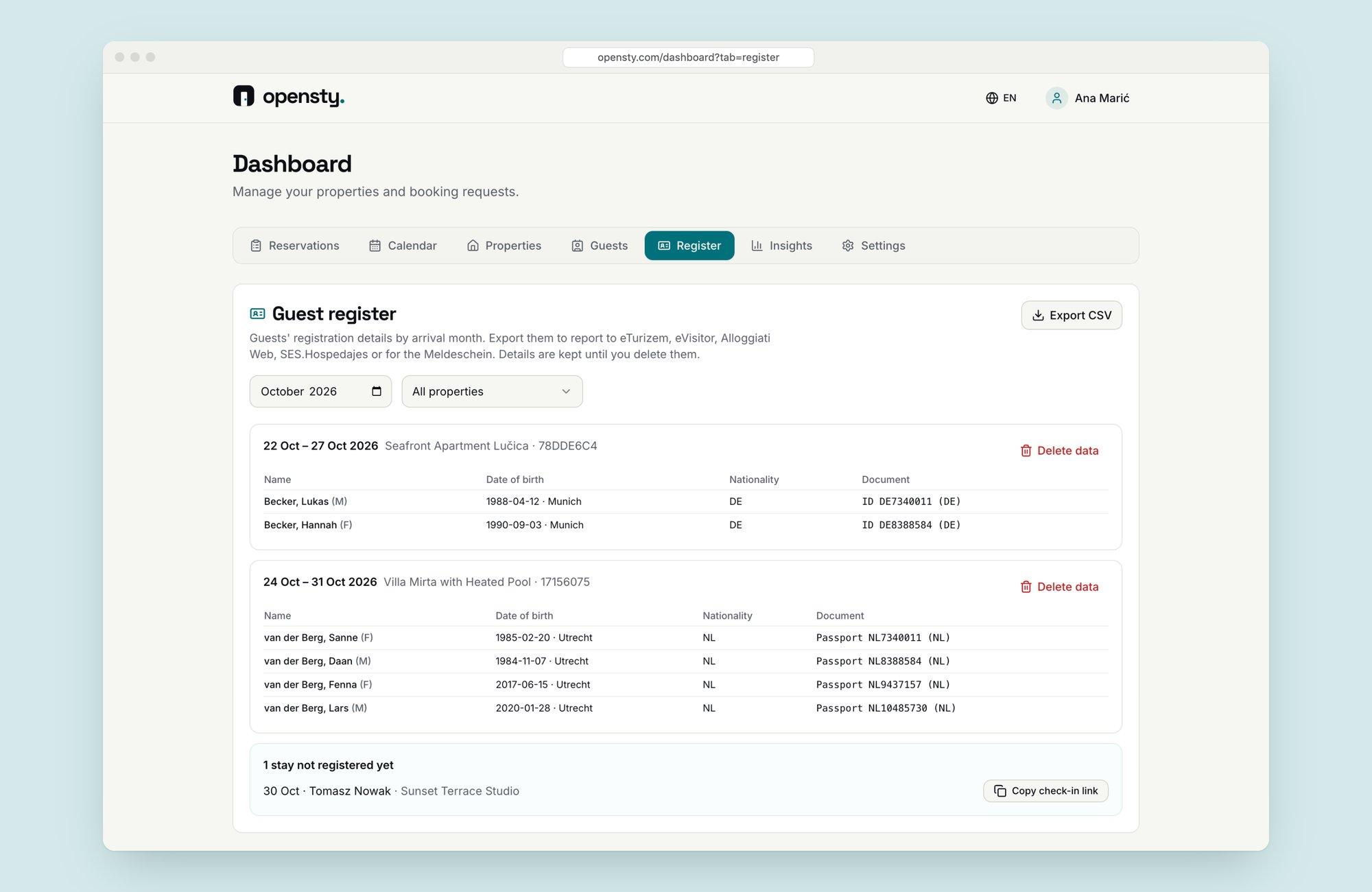 Guest register listing guests per stay with dates of birth, nationality and documents, plus CSV export