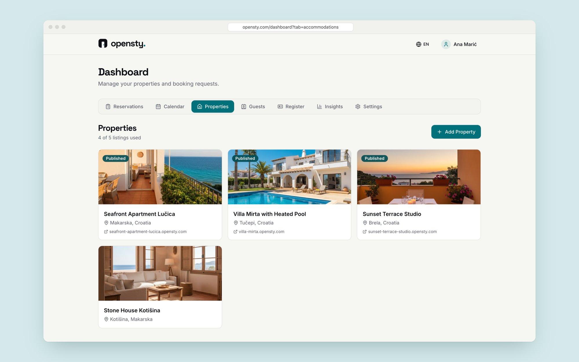 Properties overview with four listings, each with photo, location, status and its own booking link