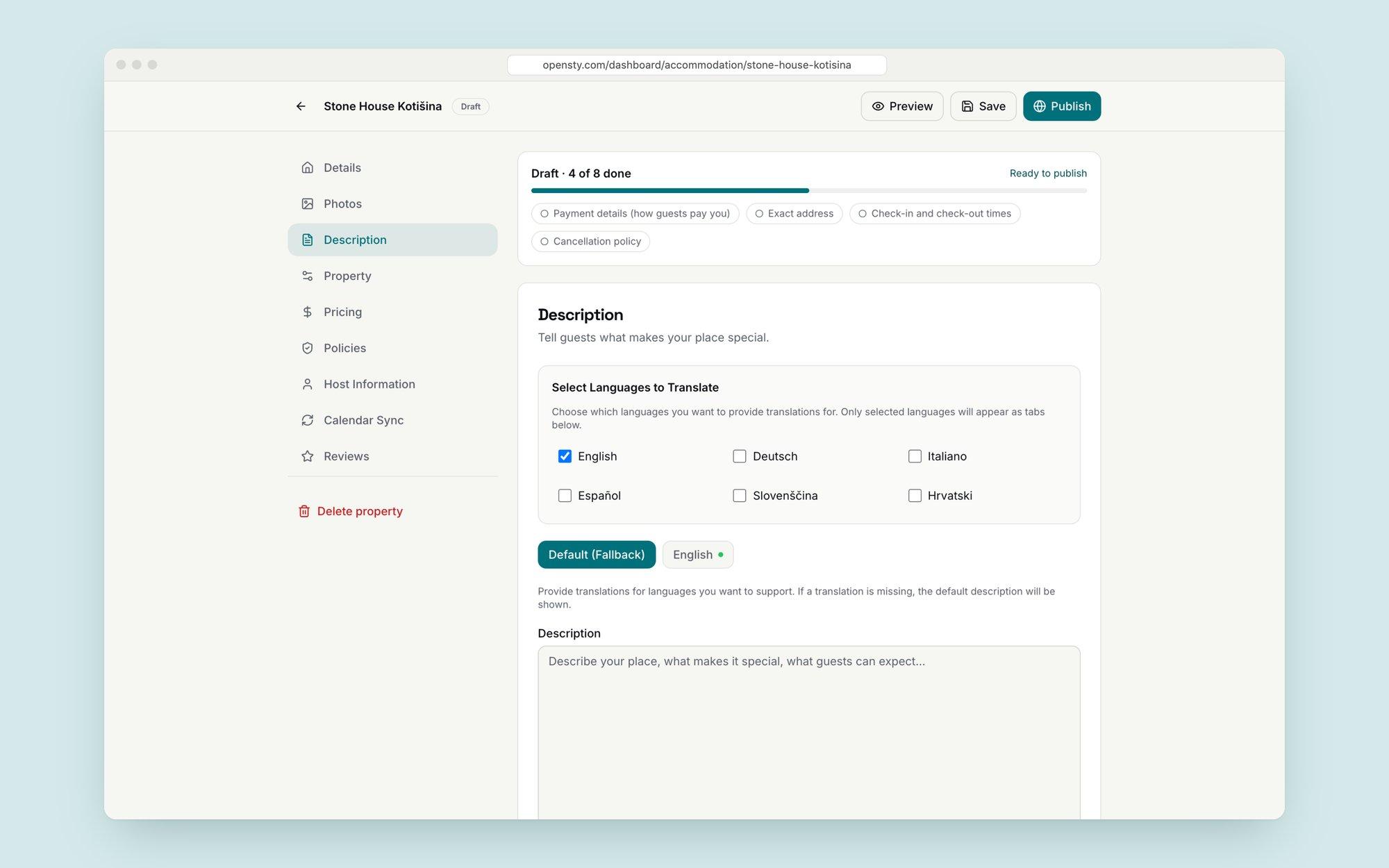 Property editor with a publish readiness checklist and language selection for translations