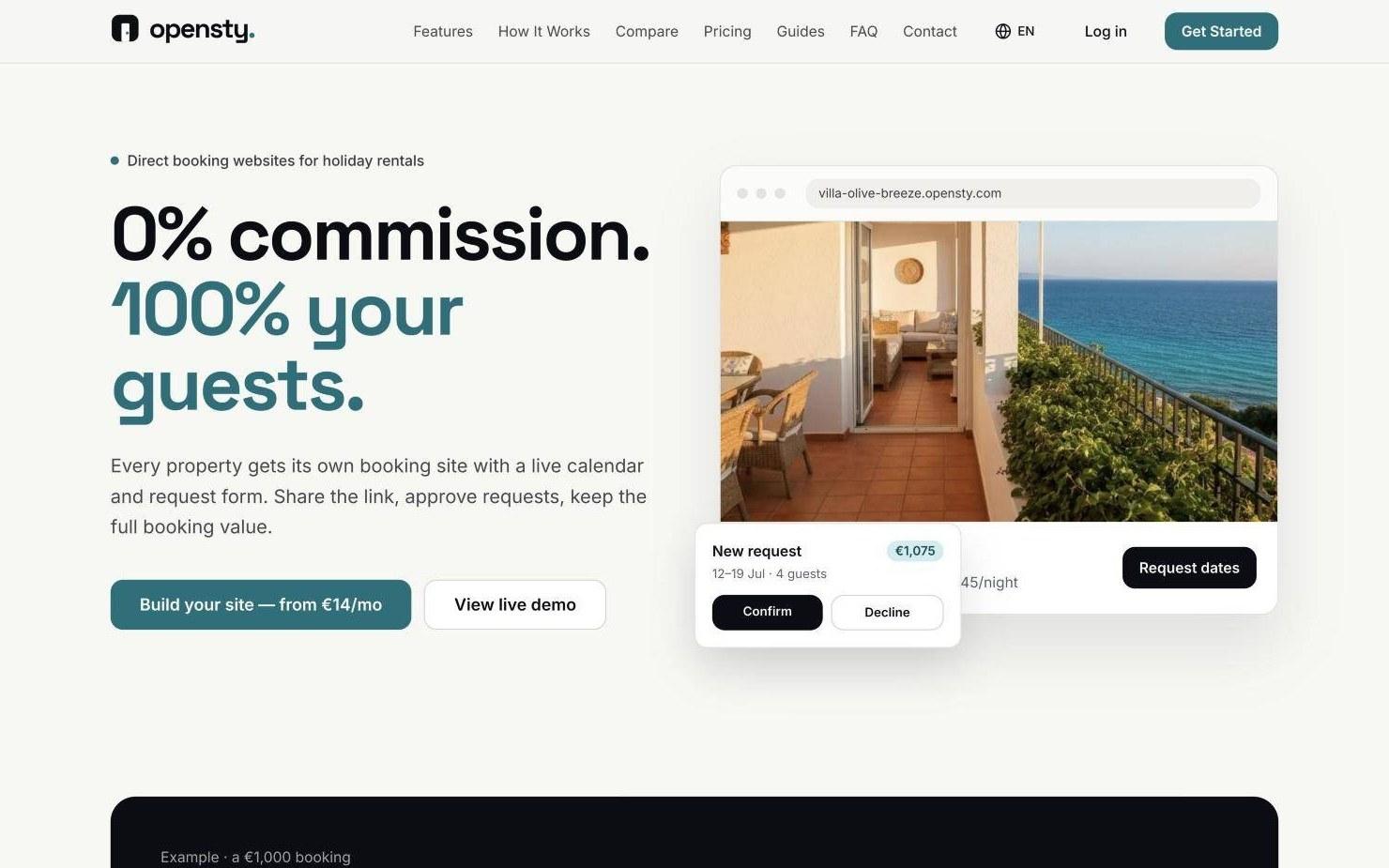 OpenSty landing page: 0% commission. 100% your guests.