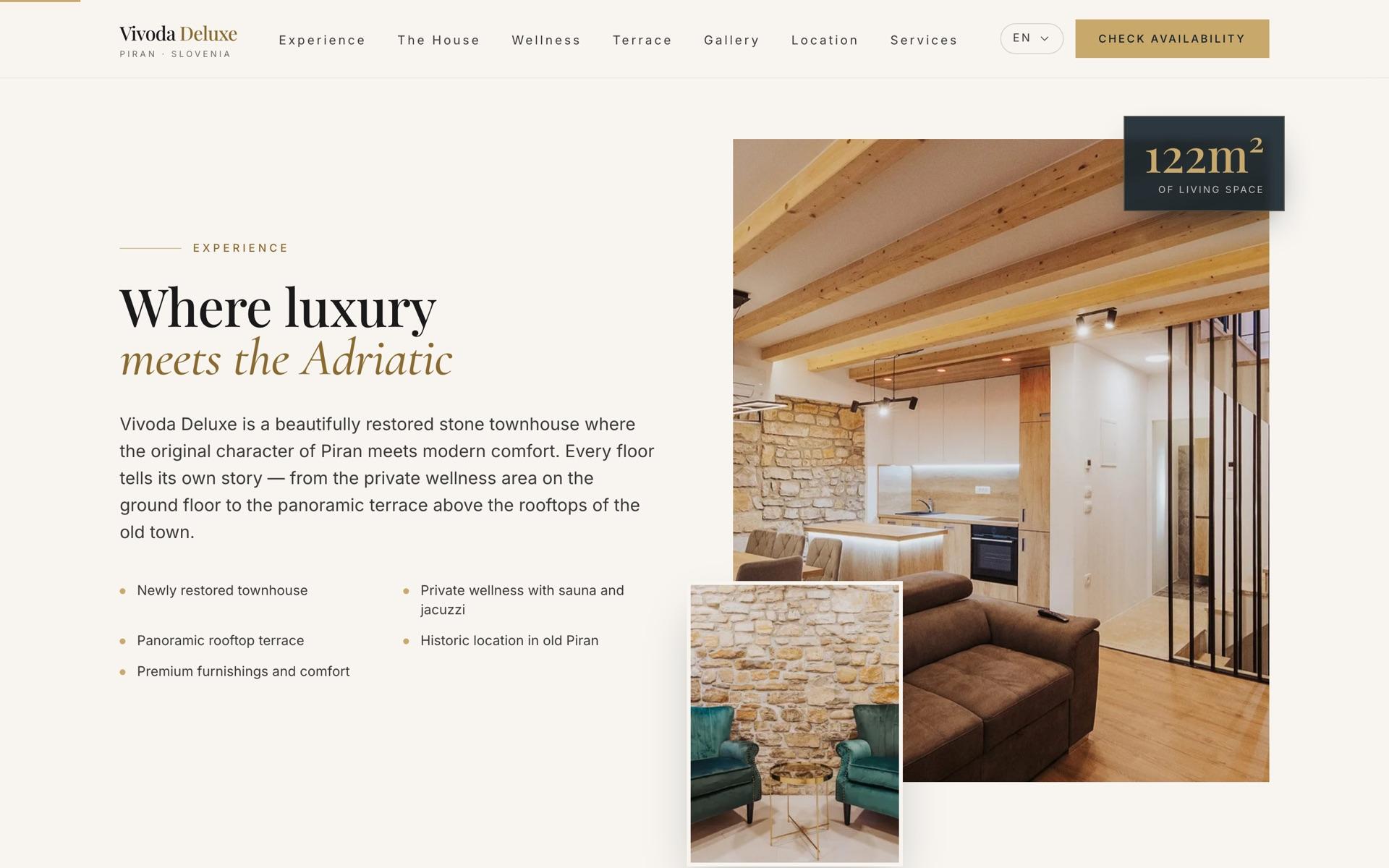 Experience section: Where luxury meets the Adriatic, with interior photos of stone walls and timber beams