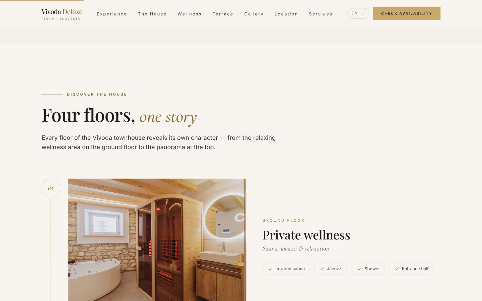 Four floors, one story: the ground-floor private wellness with infrared sauna and jacuzzi